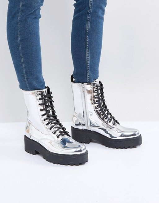 Monki Metallic Lace Up Biker Boot