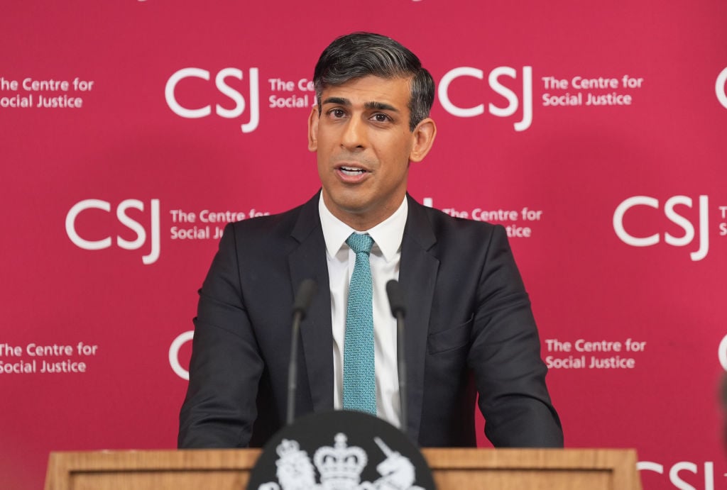 LONDON, ENGLAND - APRIL 19: British Prime Minister Rishi Sunak delivers a speech on welfare reform at the Centre for Social Justice on April 19, 2024 in London, England. British Prime Minister Rishi Sunak called for an end to the 