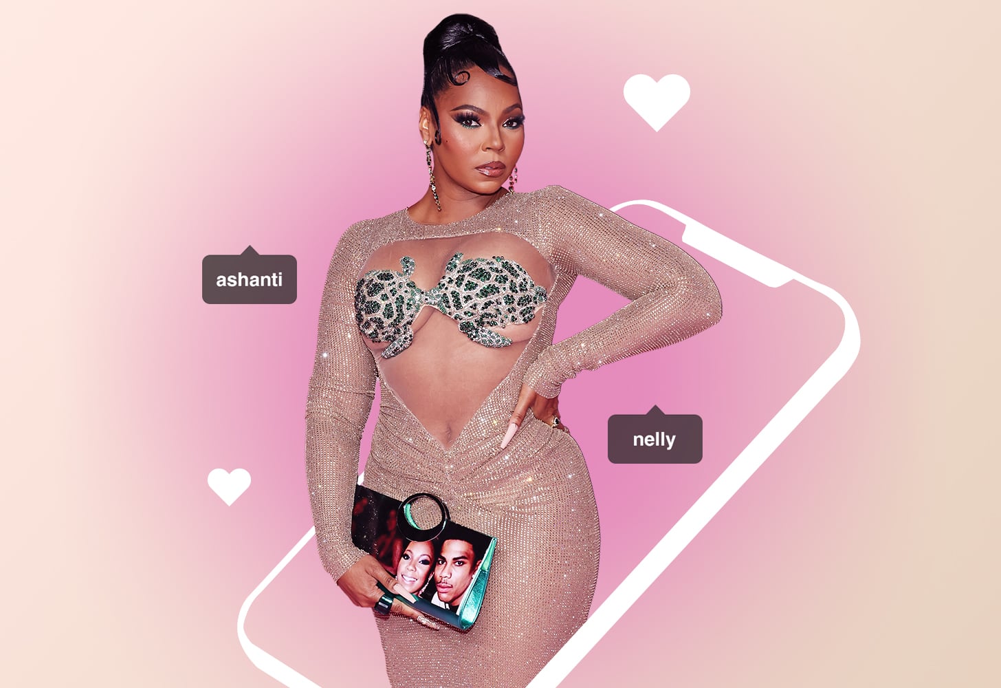 photo of Ashanti with clutch showing her and Nelly to represent hard launching relationships trend