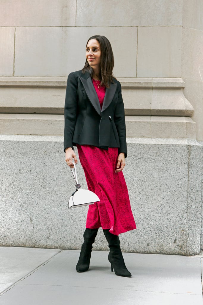 Affordable & Festive Outfit Formula: Midi Dress + Blazer + Boots + Bag + Jewellery