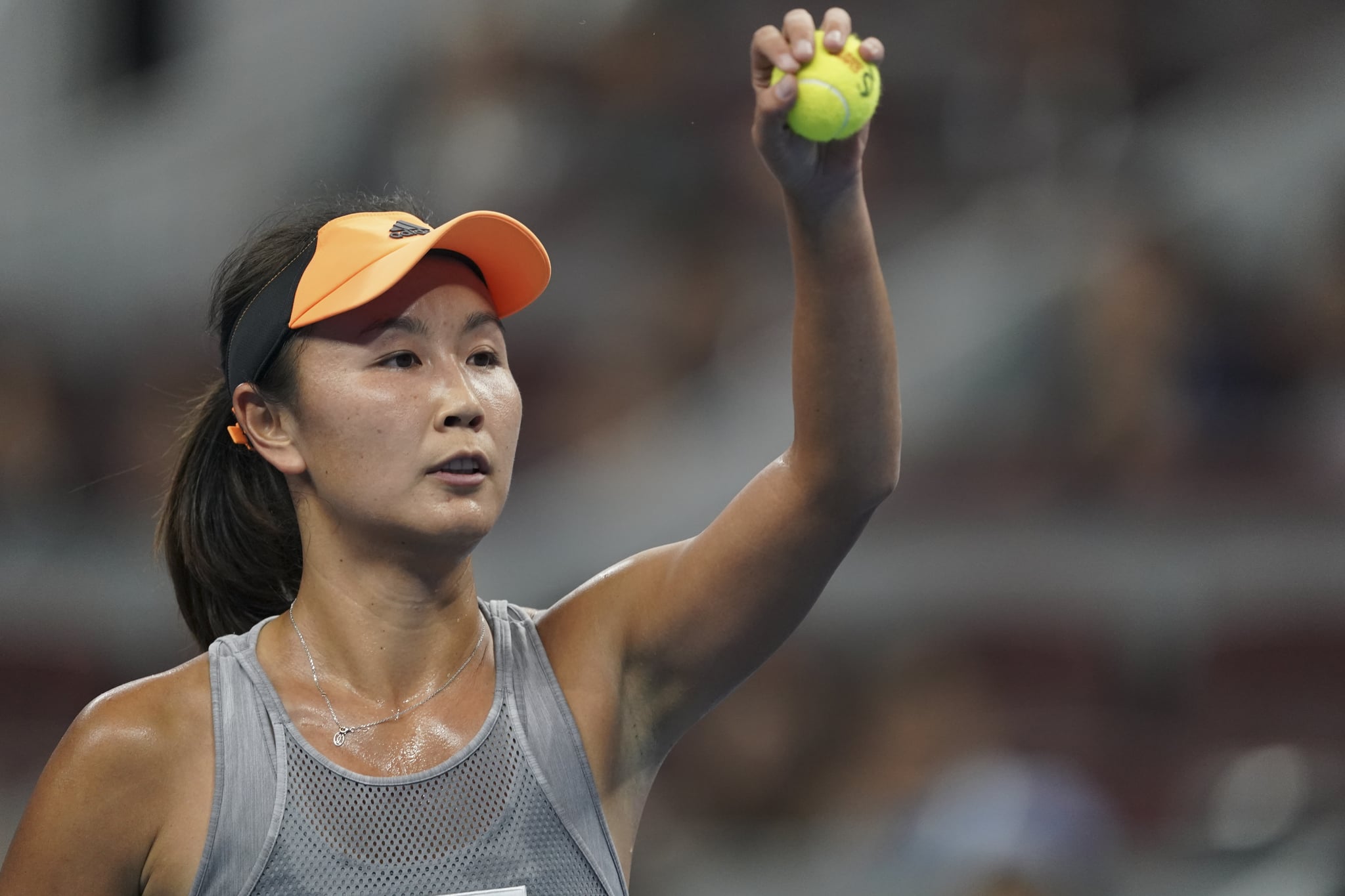 BEIJING, CHINA - SEPTEMBER 28: Peng Shuai of China in action against Daria Kasatkina of Russia during women's singles first round match 2019 China Open - Day 1 on September 28, 2019 in Beijing, China. (Photo by Fred Lee/Getty Images)
