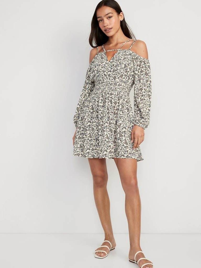 Dresses With Sleeves: Old Navy Waist-Defined Floral Cold-Shoulder Cutout Smocked Mini Dress