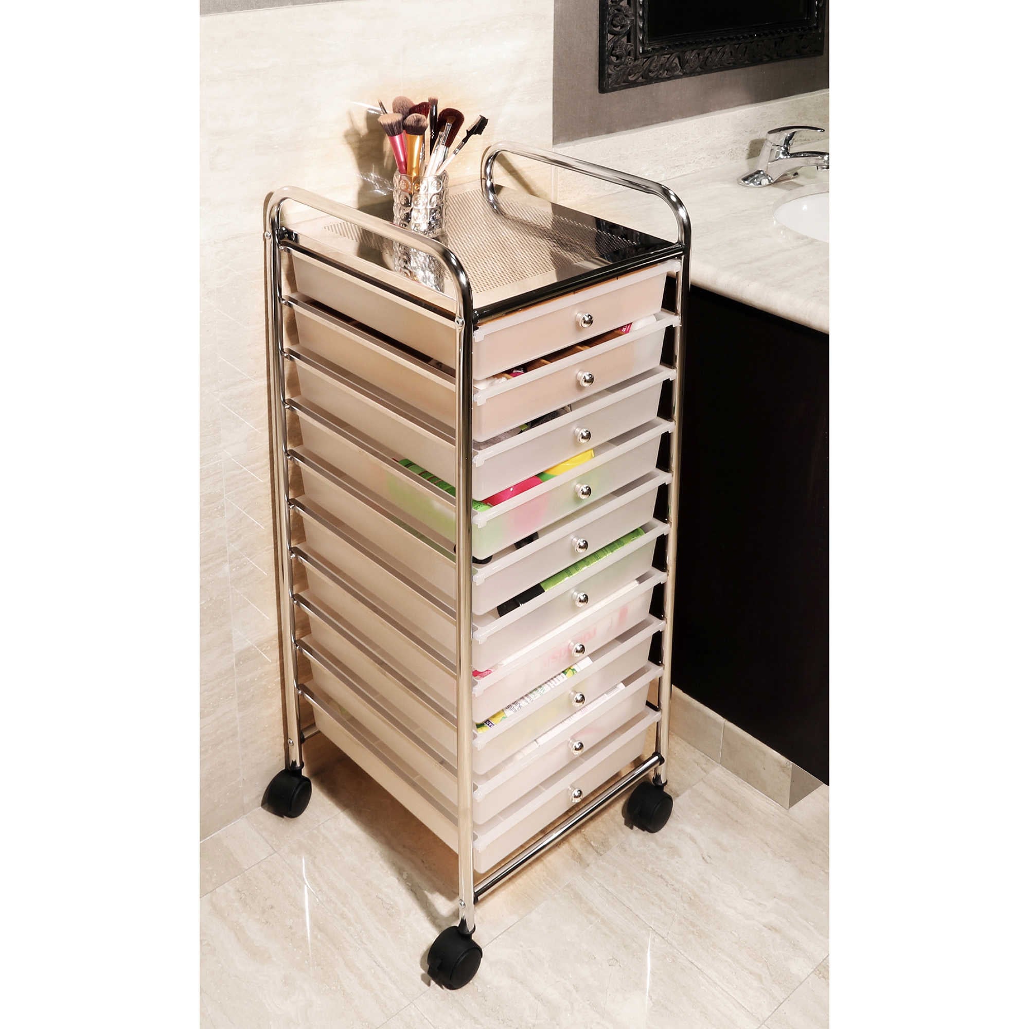 Seville Classics 10 Drawer Wide Organizer In Frosted White 13