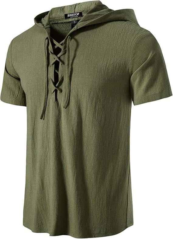 Jemitop Store Cotton Vintage Hooded Lace up Shirt
