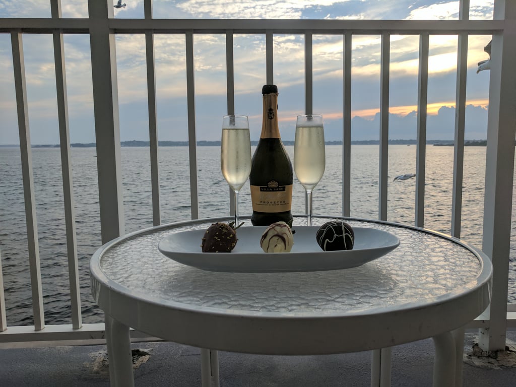 We chose to watch the sun go down from our private balcony with a bottle of Prosecco and chocolate-covered strawberries sent to us by the hotel.