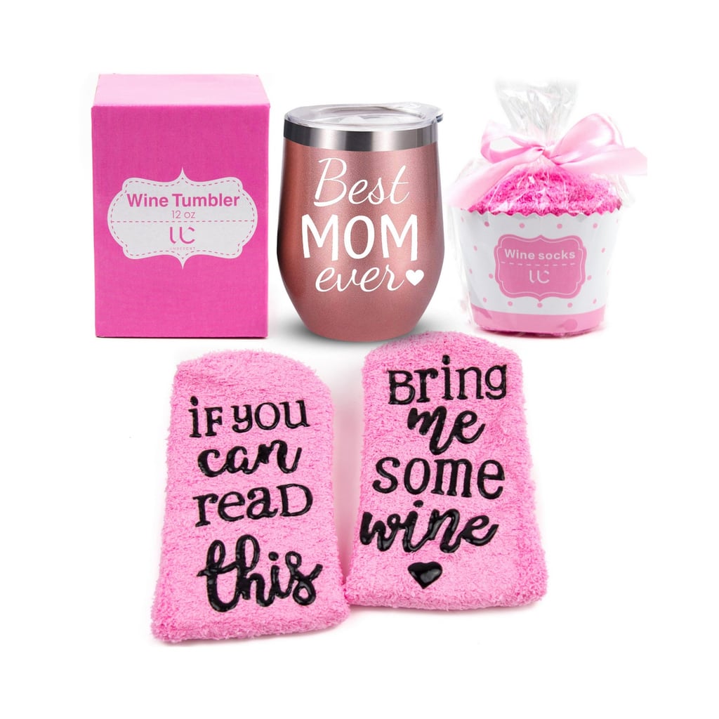 Receiving Gifts: Best Mom Ever Wine Tumbler and Cupcake Mom Socks