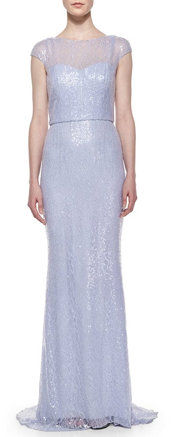 Badgley Mischka Collection Cap-Sleeve Sequined Column Gown