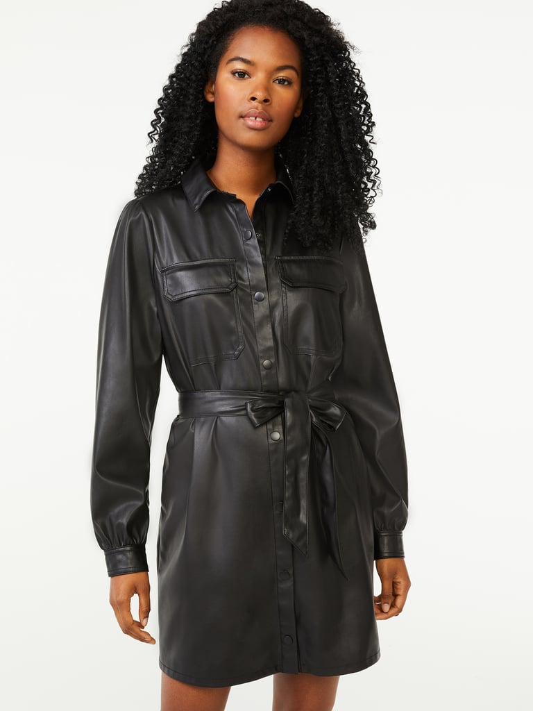 Scoop Women's Faux Leather Belted Shirt Dress