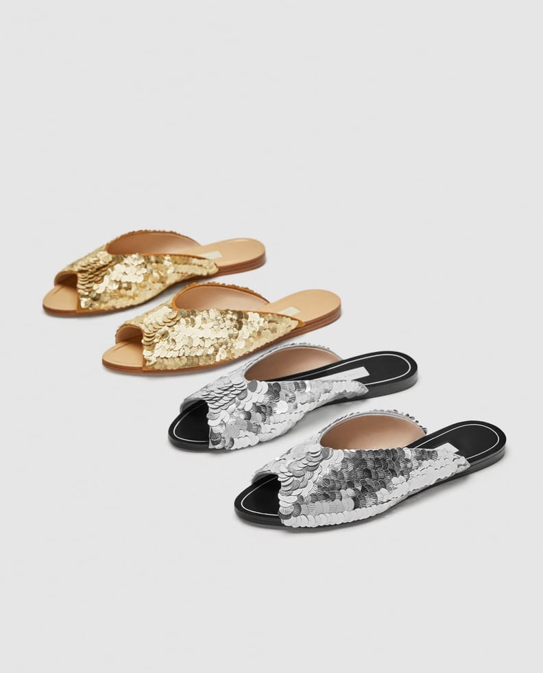 Zara Silver Sequined Flat Sandals