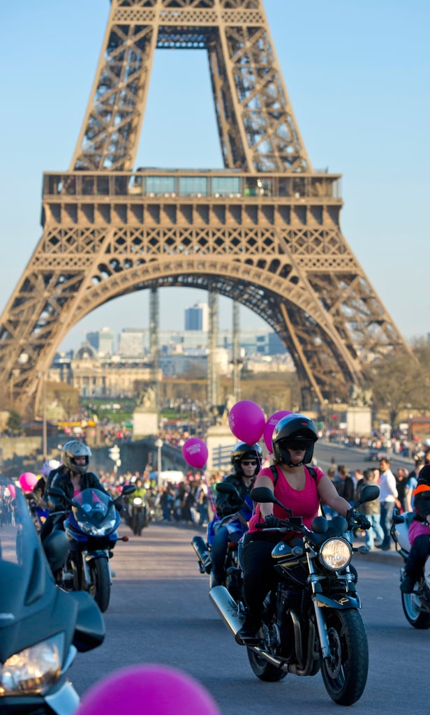 Female bikers made their way past the Eiffel Tower.