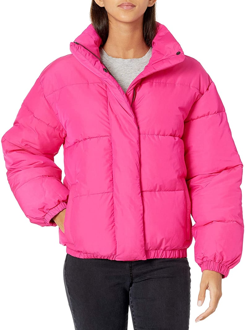 Daily Ritual Relaxed-Fit Mock-Neck Short Puffer Jacket in Hot Pink
