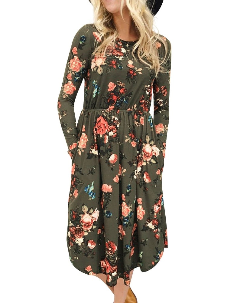 Nlife Long-Sleeve Floral Print Midi Dress