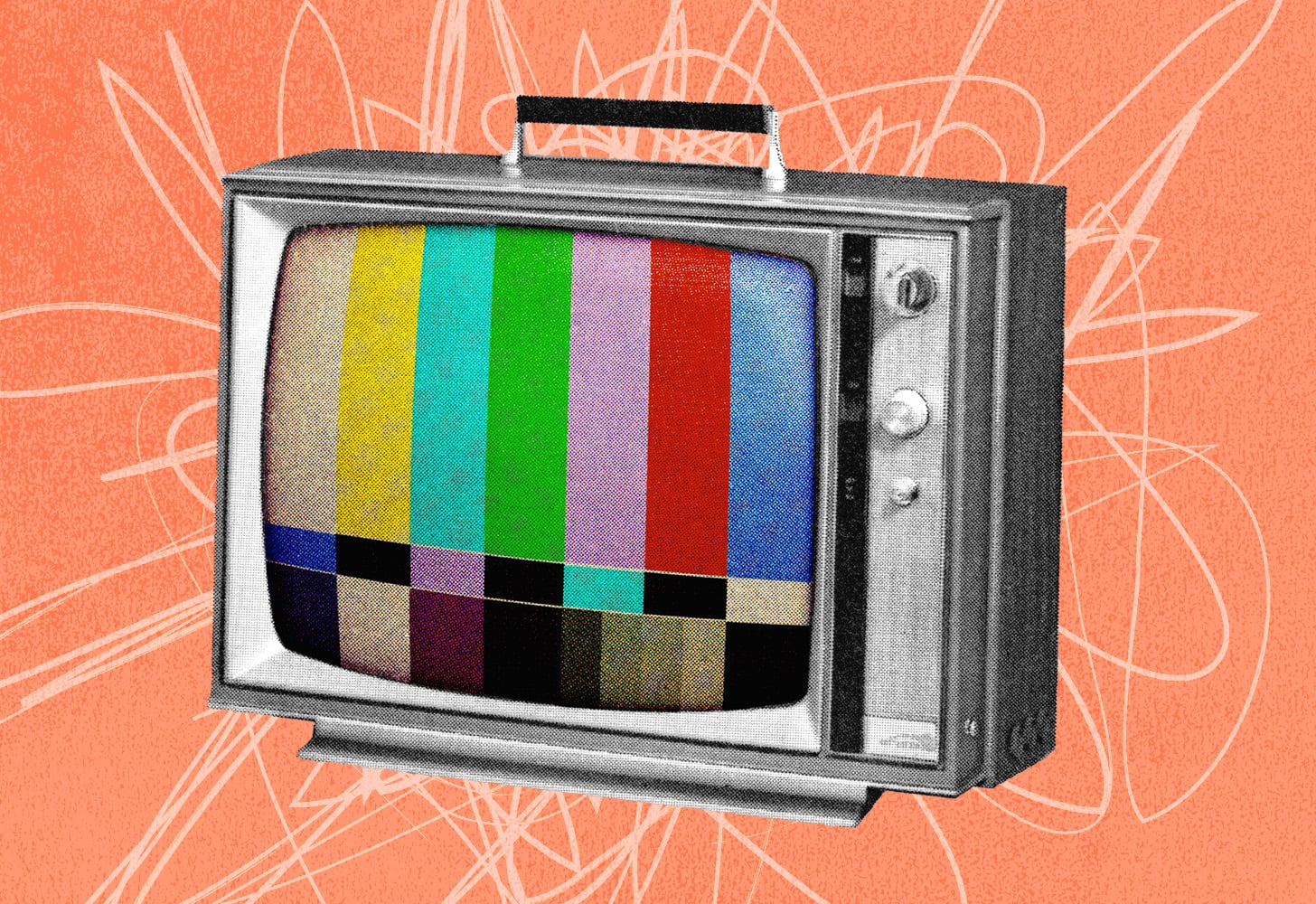 A colorful static vintage TV set in front of a chaotic, noisy peach background with lots of scribbles, representing the uncomfortable distraction of background TV shows.