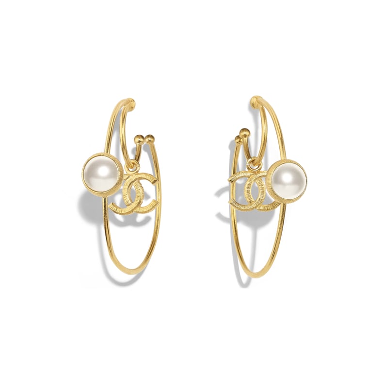 CHANEL Crystal Baguette Pearl CC Earrings Gold Pearly White