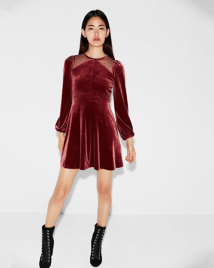 Express Mesh Inset Velvet Fit-and-Flare Dress