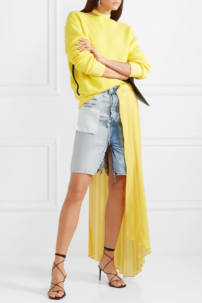 Unravel Project Asymmetric distressed denim and pleated crepe de chine skirt