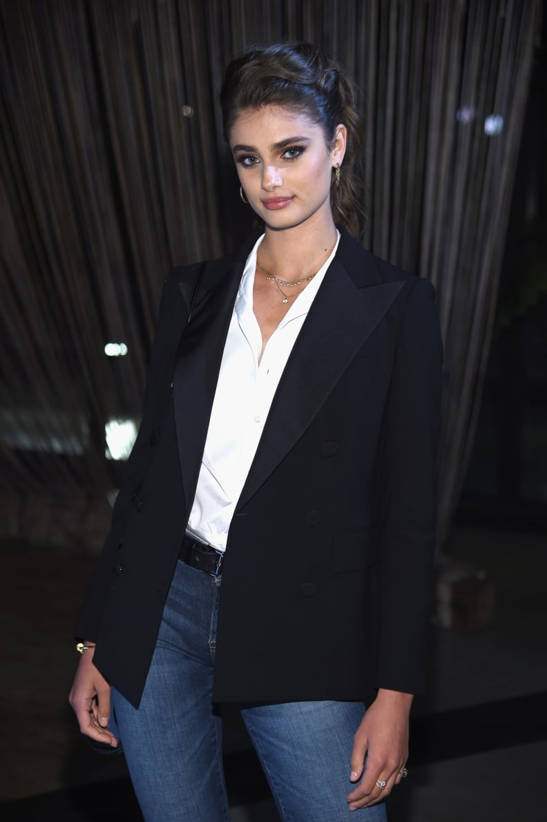 Taylor Hill Wore a Sleek Black Blazer With Jeans to an Event During NYFW