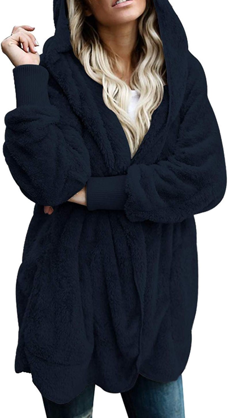 Dokotoo Fuzzy Fleece Open-Front Hooded Cardigan in Navy Blue