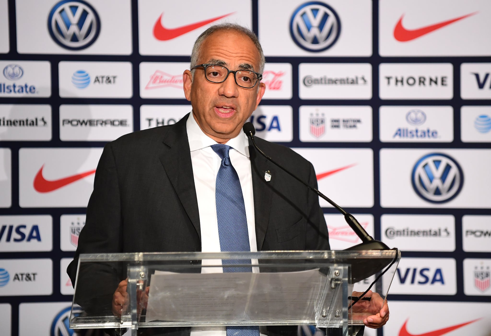 NEW YORK, NEW YORK - OCTOBER 28: Carlos Cordeiro, U.S. Football President,  speaks at a press conference where Vlatko Andonovski was introduced as the U.S. Women's National Team head coach, at Kimpton Hotel Eventi on October 28, 2019 in New York City. (Photo by Emilee Chinn/Getty Images)