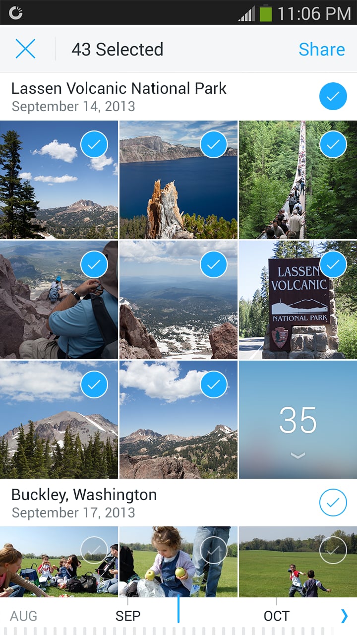 Select hundreds of photos to share at once.