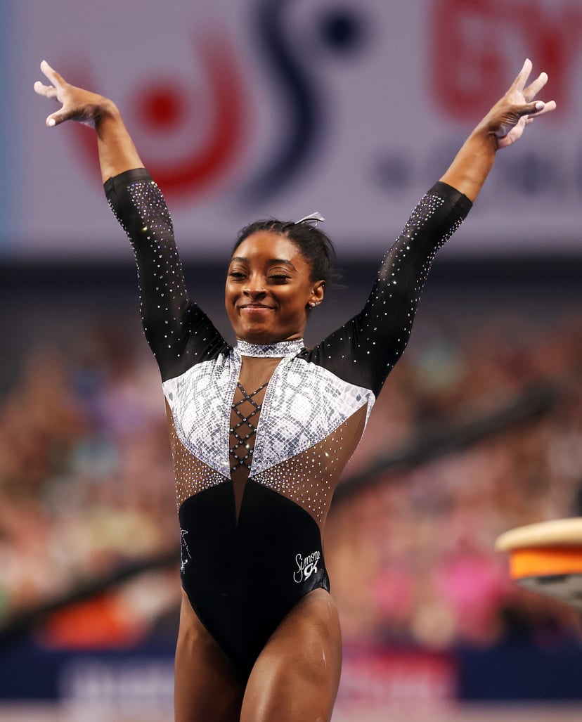 FORT WORTH, TEXAS - JUNE 06:  Simone Biles reacts after compteting on the vault during the Senior Women's competition of the U.S. Gymnastics Championships at Dickies Arena on June 06, 2021 in Fort Worth, Texas. (Photo by Jamie Squire/Getty Images)