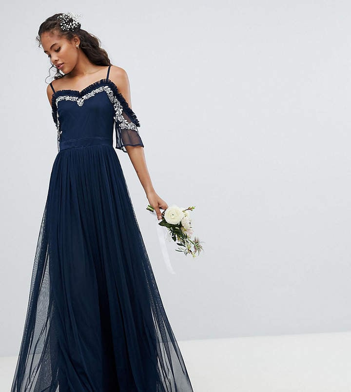Maya Tall Cold Shoulder Sequin Detail Tulle Maxi Dress With Ruffle