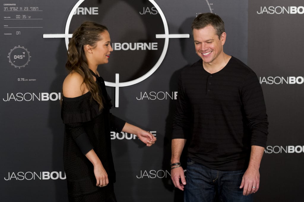 Matt Damon is on a roll! On Wednesday, the actor continued the press rounds for Jason Bourne, and his latest stop landed him at a photocall in Spain with his lovely costar Alicia Vikander. Despite all of their recent traveling, the duo appeared to be in good spirits as they flashed a handful of big smiles on stage at the Villa Magna Hotel. Missing from the fun was Matt's wife, Luciana Barroso, who has been by his side since he kicked off the movie's promotional tour earlier this week. Read on for more pictures, then check out the full trailer for the film before it hits theaters on July 29.