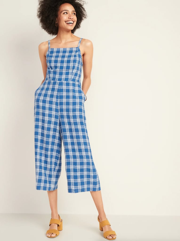 Old Navy Waist-Defined Square-Neck Linen-Blend Cami Jumpsuit in Blue Plaid