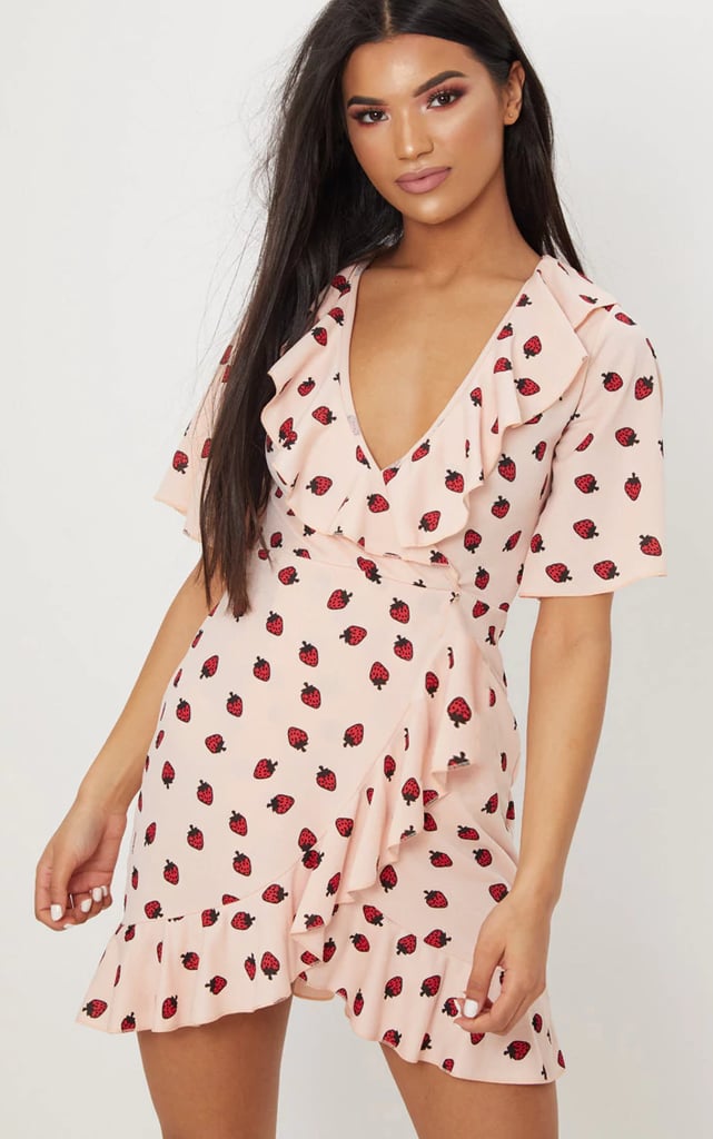 Nude Strawberry Print Frill Wrap-Over Tea Dress