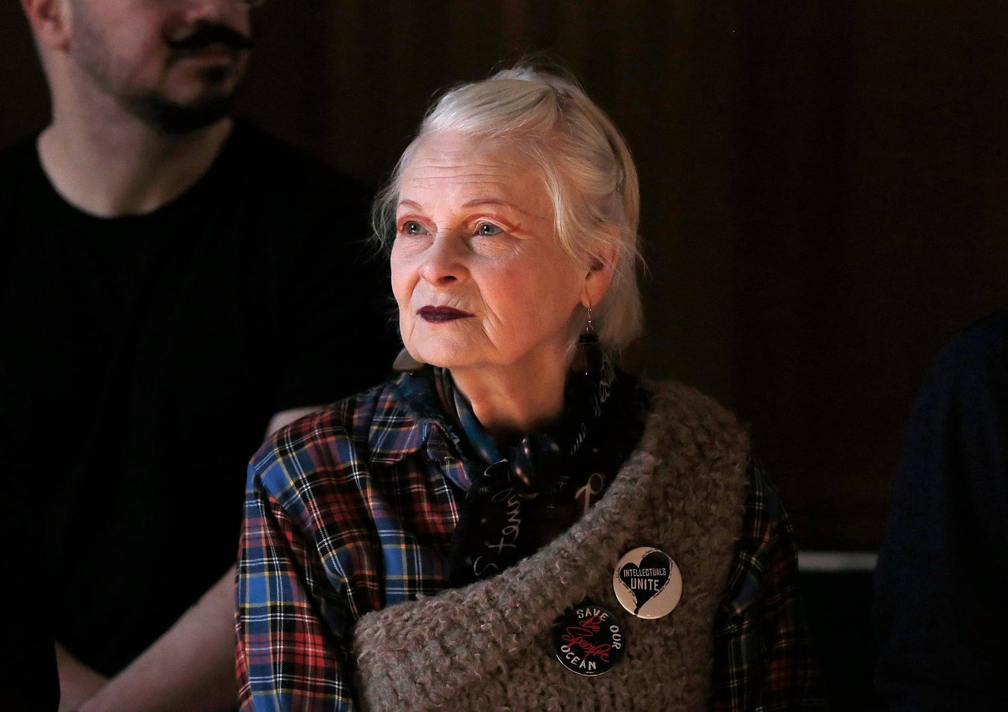 LONDON, ENGLAND - FEBRUARY 21: Dame Vivienne Westwood watches rehearsals ahead of her show during London Fashion Week Autumn/Winter 2016/17 at the Royal College of Surgeons on February 21, 2016 in London, England.  (Photo by John Phillips/Getty Images)