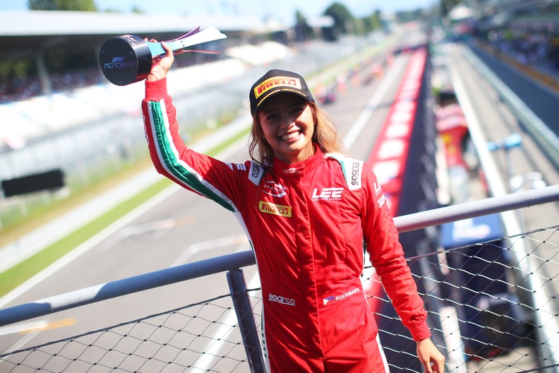 MONZA, ITALY - JULY 09: Race winner Bianca Bustamante of Philippines and PREMA Racing (16) (centre) celebrates with their trophy on the podium after race 3 of the F1 Academy Series Round 5:Monza at Autodromo Nazionale Monza on July 09, 2023 in Monza, Ital