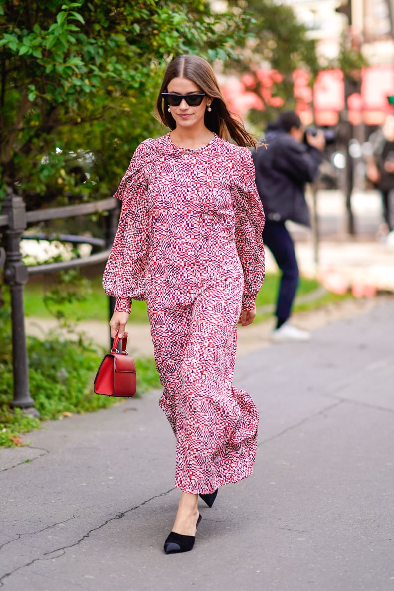 Wear a Long-Sleeved Printed Dress With a Pair of Kitten Heels