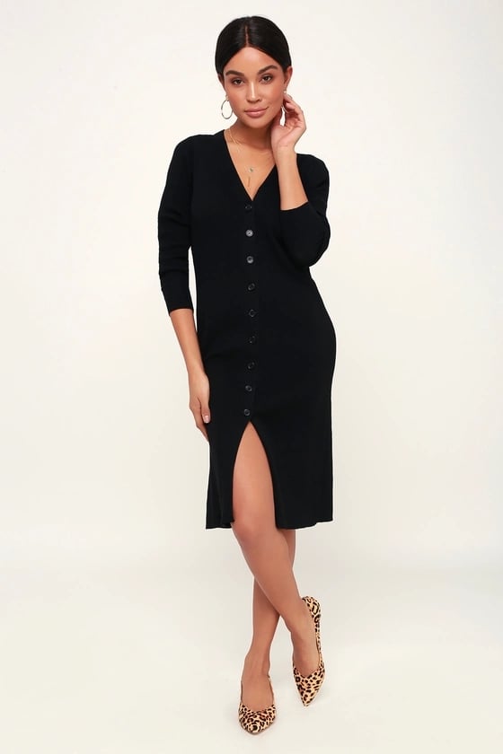 Lulus Black Long Sleeve Button-Up Knit Dress ($55)
