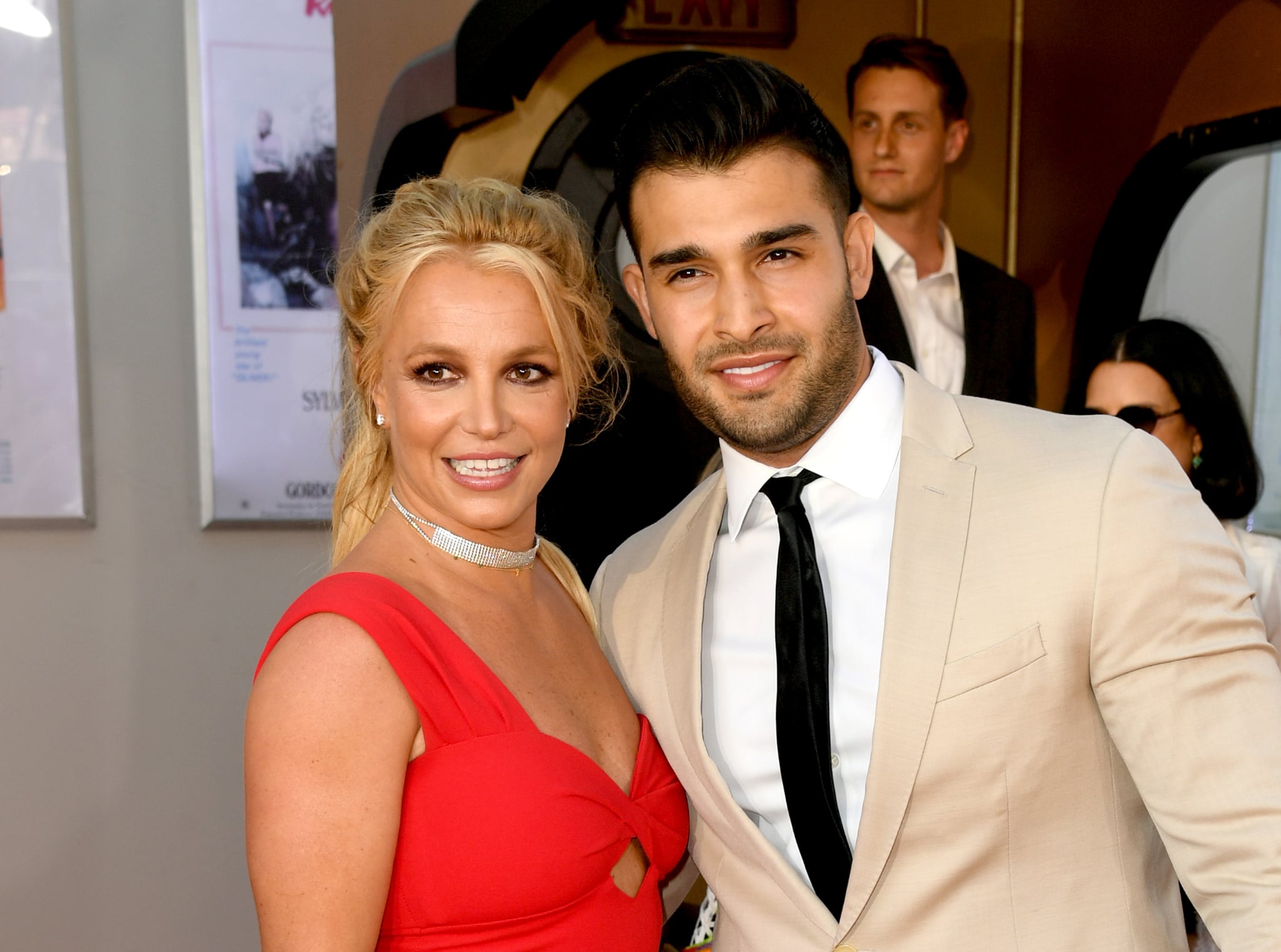 HOLLYWOOD, CALIFORNIA - JULY 22: Britney Spears (L) and Sam Asghari arrive at the premiere of Sony Pictures' 