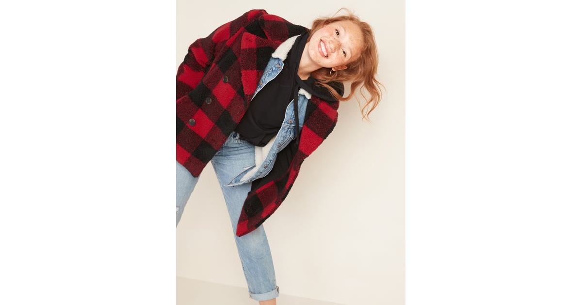 Cozy plaid sherpa peacoat for women Clearance