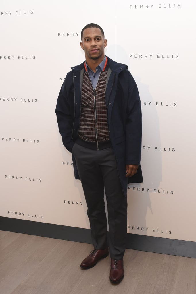 NFL player Victor Cruz looked dapper backstage at the Perry Ellis show.