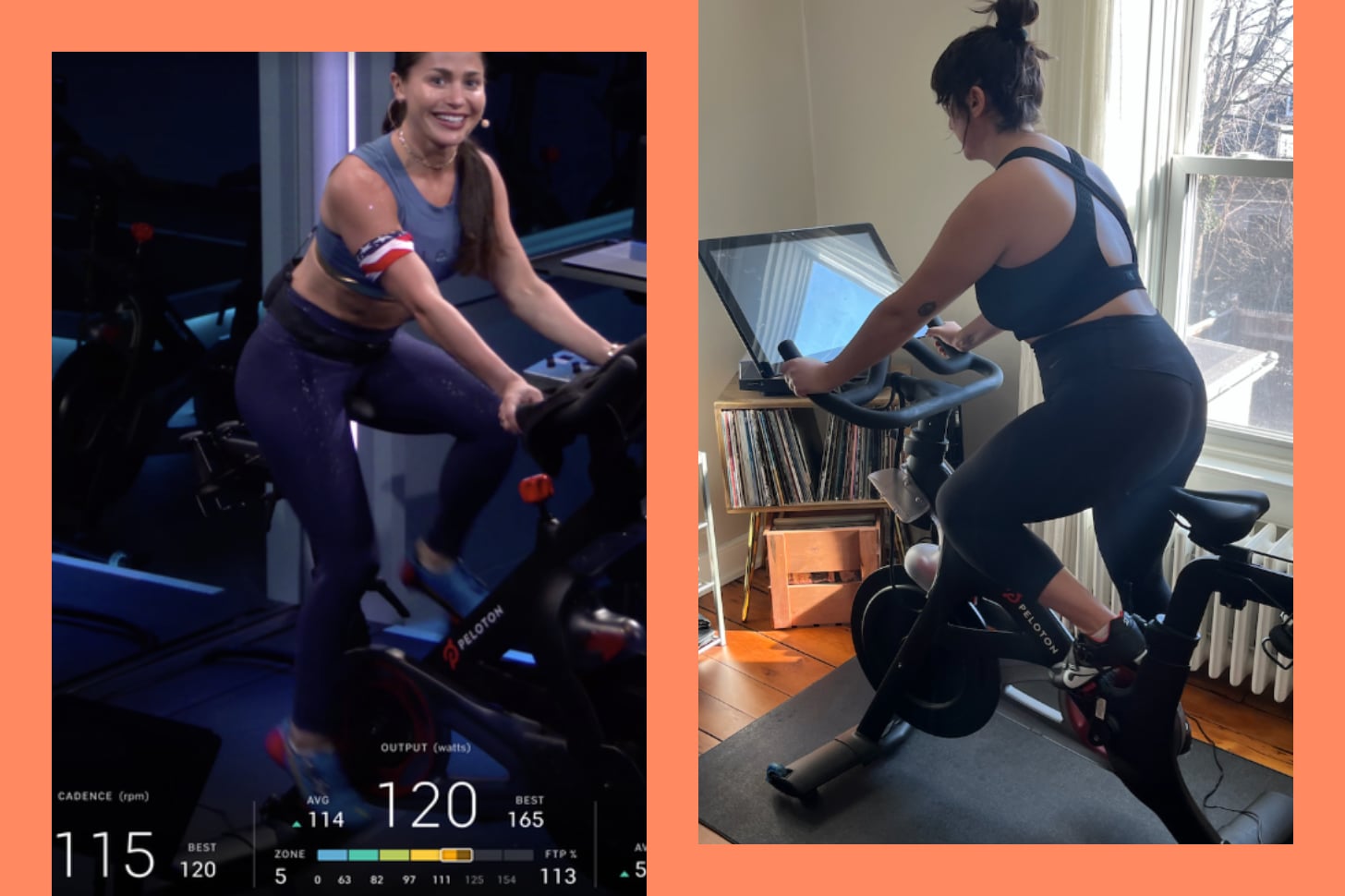 Danielle Zickl on her Peloton bike doing Power Zone workouts.