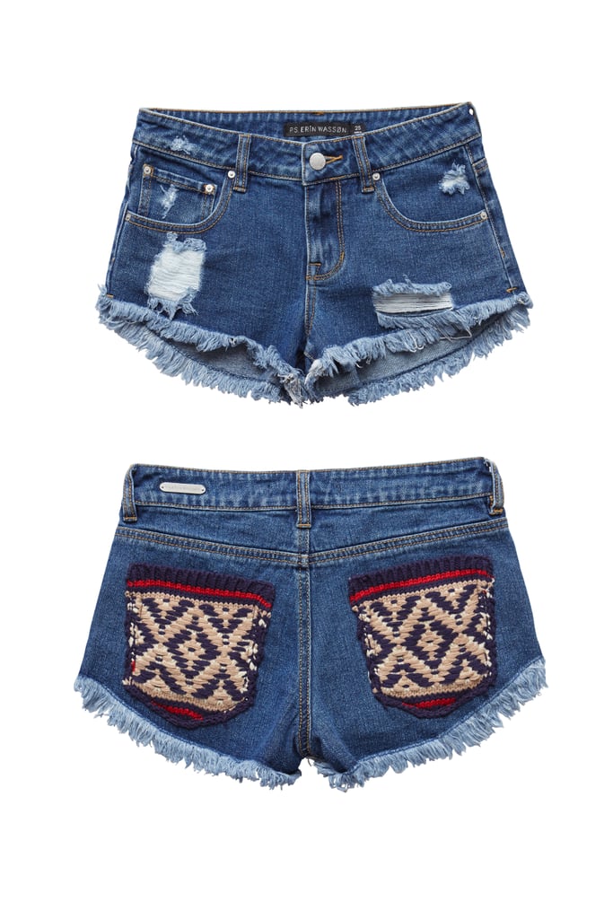 Erin Wasson High Rise Blanket Pockets Destructed Boxy Shorts ($50)