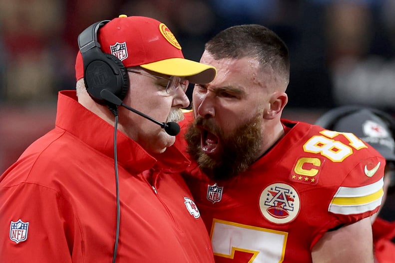 LAS VEGAS, NEVADA - FEBRUARY 11: Travis Kelce #87 of the Kansas City Chiefs reacts at Head coach Andy Reid in the first half against the San Francisco 49ers during Super Bowl LVIII at Allegiant Stadium on February 11, 2024 in Las Vegas, Nevada. (Photo by 