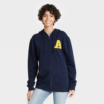 Varsity Letter Zip-Up Hooded Graphic Sweatshirt - Navy