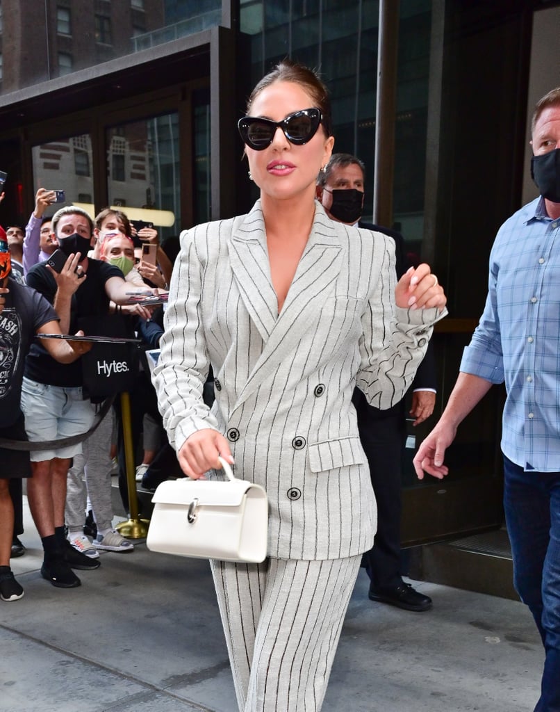 Lady Gaga's Pinstripe Jean Paul Gaultier Suit and Platforms