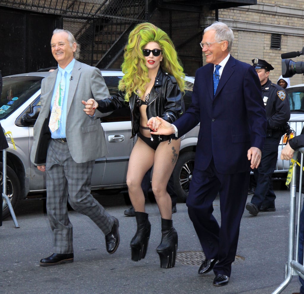 Lady Gaga was assisted by David Letterman and Bill Murray when she dropped by The Late Show in NYC.