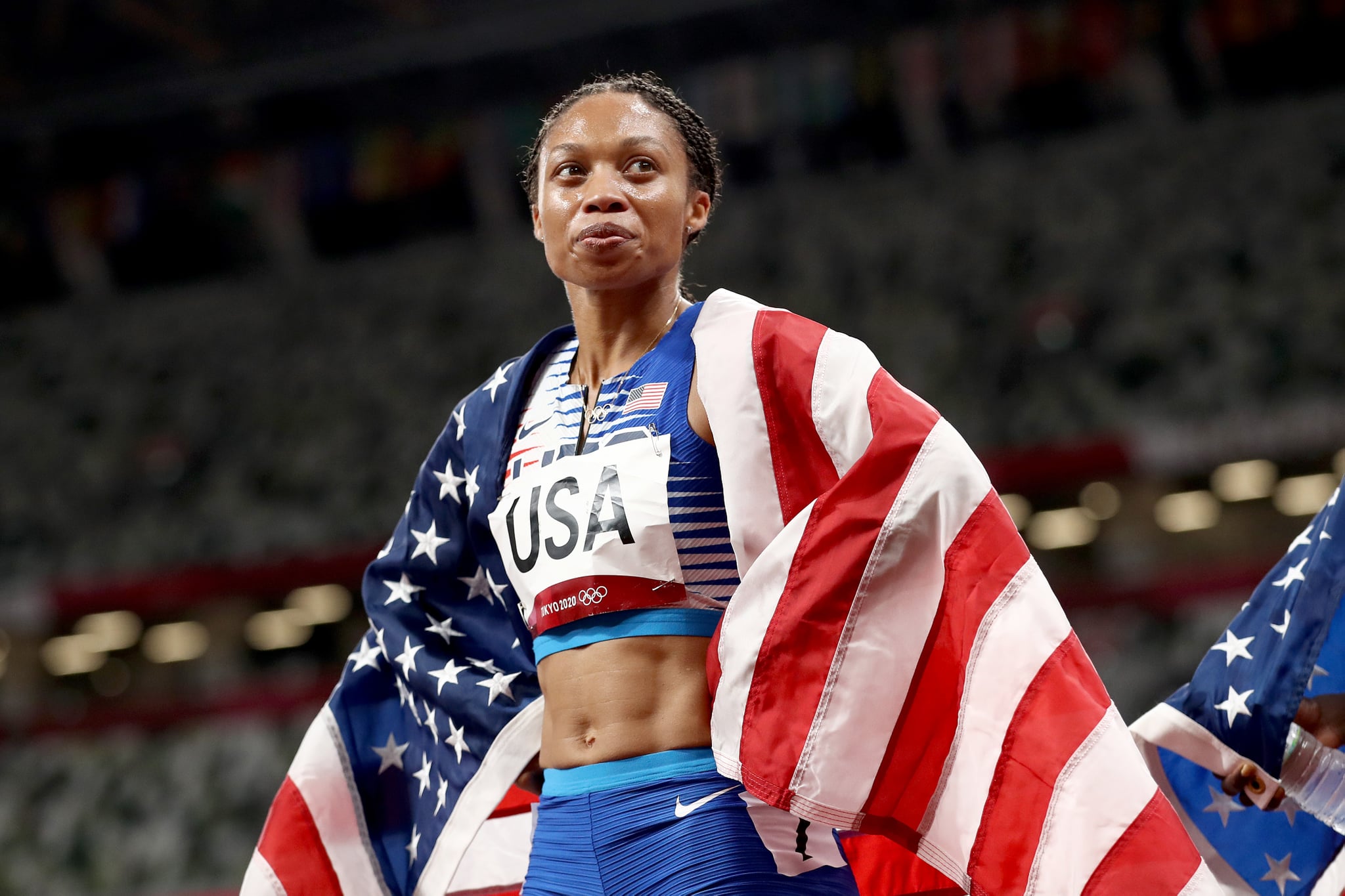 TOKYO, JAPAN - AUGUST 07: Allyson Felix of Team United States reacts after winning the gold medal in the Women's 4 x 400m Relay Final on day fifteen of the Tokyo 2020 Olympic Games at Olympic Stadium on August 07, 2021 in Tokyo, Japan. (Photo by Ryan Pierse/Getty Images)