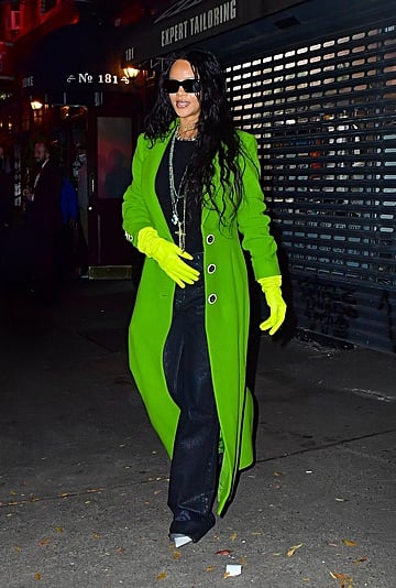 Rihanna Wears a Green Statement Coat With Yellow Gloves