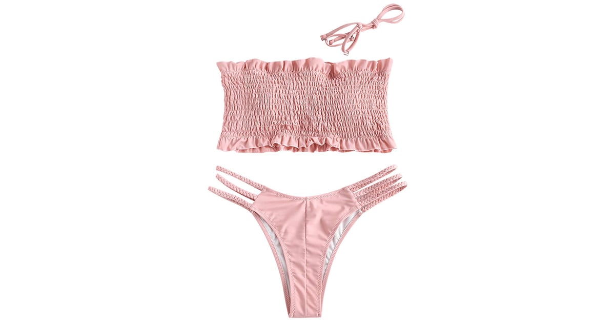 Zaful Ruffles Braided Smocked Bikini Set Jessie J Pink Strapless Bikini May 2019 Popsugar