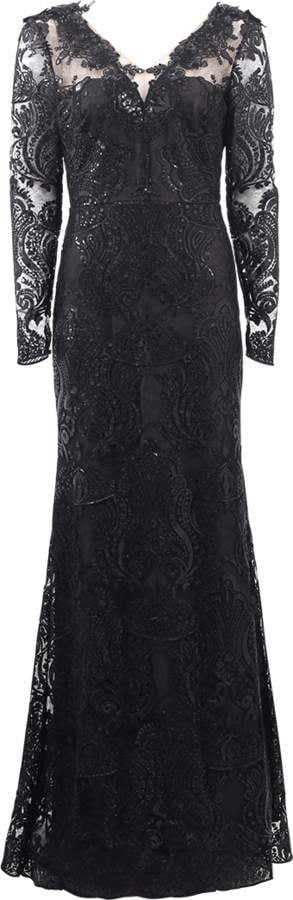 Marchesa V-Neck Lace Overlay Embroidered Gown