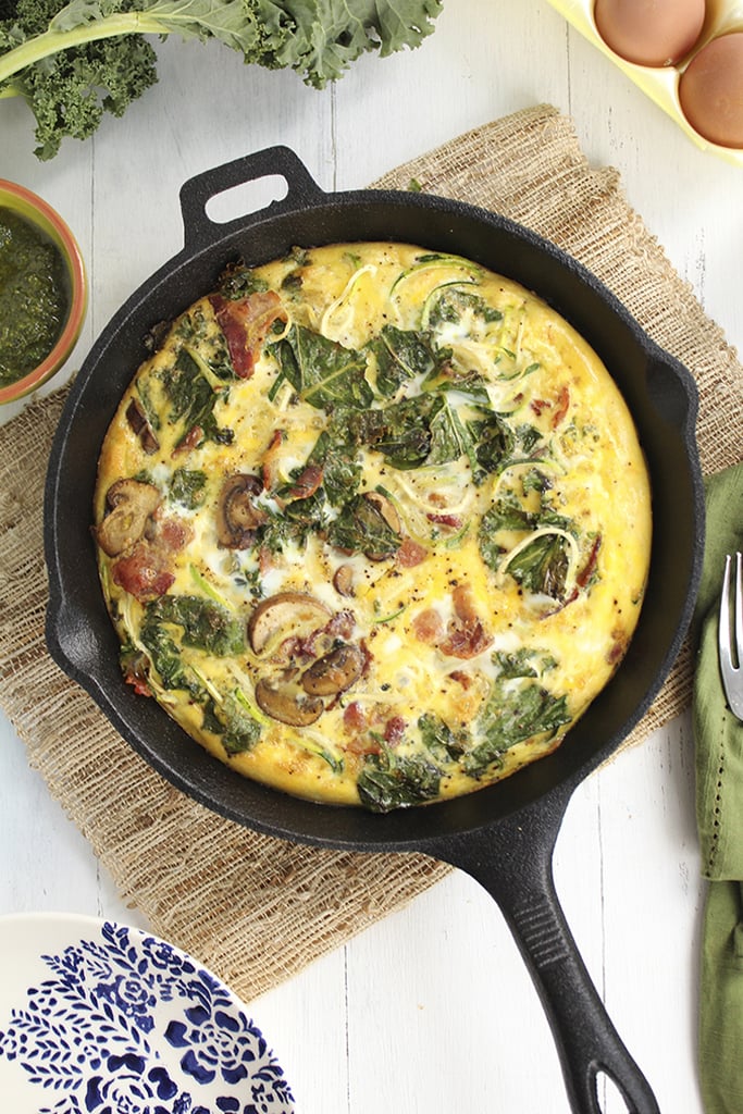 Pesto, Bacon, and Zucchini Noodle Frittata With Mushrooms and Kale