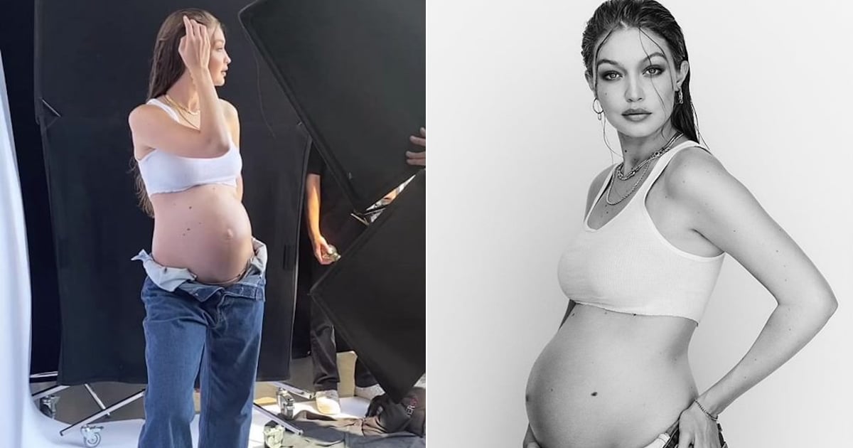 Baby bump photo or pregnant woman in Calvin Klein and Jean jacket