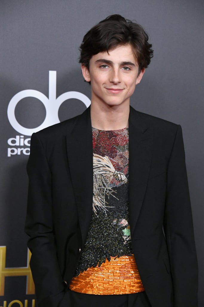 A beaded shirt was the centerpiece of Timothée's Luis Vuitton suit at the Hollywood Film Awards in 2018.