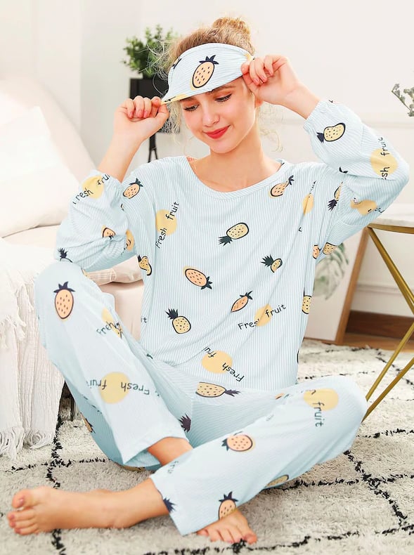 Shein Pineapple Print Pajama Set With Eye Mask